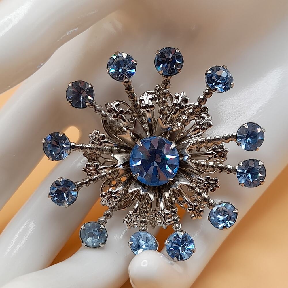 Vintage Light Blue Snowflake Brooch, Silver Tone Filigree, 1950s Pin